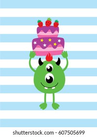 cute monster with birthday cake