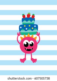 cute monster with birthday cake