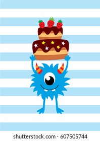 cute monster with birthday cake