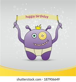 Cute monster birthday card design. Vector illustration