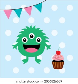 cute monster birthday card vector