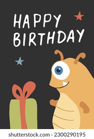 Cute monster birthday greeting card. Vector illustration
