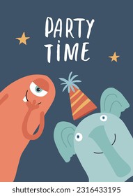 Cute monster birthday greeting card. Vector illustration
