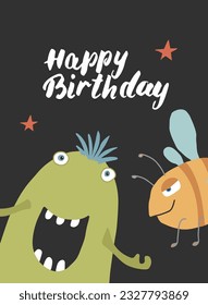 Cute monster birthday greeting card. Vector illustration