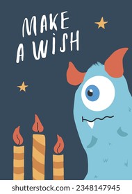 Cute monster birthday greeting card. Vector illustration