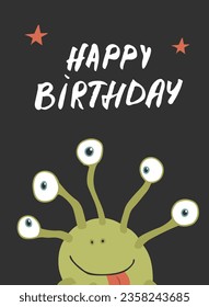 Cute monster birthday greeting card. Vector illustration