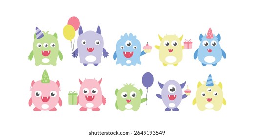 Cute Monster Birthday Party Hand Drawn Illustrations Collection