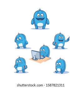 Cute monster blue character mascot design vector. multiple poses