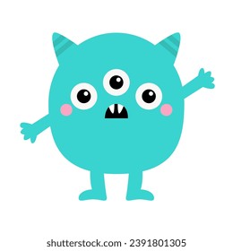 Cute monster blue head face icon. Happy Halloween. Three eyes, ears, hands, cheeks. Cute cartoon kawaii scary funny baby character. Flat design. White background. Isolated. Vector illustration