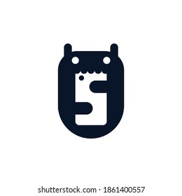 Cute monster bot eating smartphone logo illustration, letter S abstract logo design.