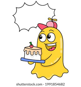 cute monster brings birthday cake with blank bubble text template, vector illustration art. doodle icon image kawaii.