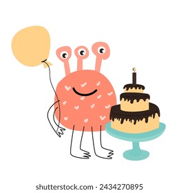 Cute monster with cake for anniversary card. Vector illustration can used for banner, baby birthday background, greeting card, poster for interior. Cute alien or monster with balloon or gift, or cake