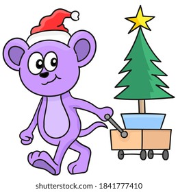 cute monster is carrying pine tree for Christmas decoration. cartoon illustration sticker emoticon