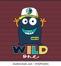 Cute monster cartoon with basketball cap and wild one phrase on striped background. T-shirt graphics design for kids.