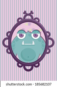 Cute monster cartoon character in the frame on the striped purple background. Vector illustration.