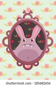 Cute monster cartoon character in the frame on the flower background. Vector illustration.