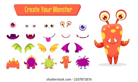 Cute Monster cartoon constructor kit, with body parts, alien eyes, mouths teeth, wings and horns for kids toys, video games and halloween designs. Vector flat colorful illustration