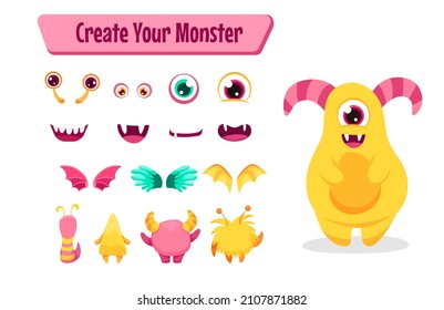 Cute Monster cartoon constructor kit, with body parts, alien eyes, mouths teeth, wings and horns for kids toys, video games and halloween designs. Vector flat colorful illustration