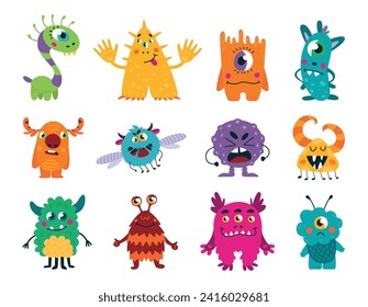 Un monstruo lindo. Caricatura monstruos graciosos con diferentes emociones. Trolls, ciclistas, personajes alienígenas y goblin. Mascotas infantiles, conjunto vectorial de pegatinas con clase