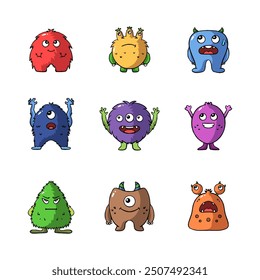Cute monster Cartoon Icon Collection. Hand drawn style with outline. isolated illustration