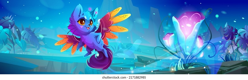 Cute monster cat on alien or fantasy planet landscape. Cartoon funny fluffy character with fairy wings and antennas. Strange animal, odd kitten Halloween creature with big eyes, Vector illustration
