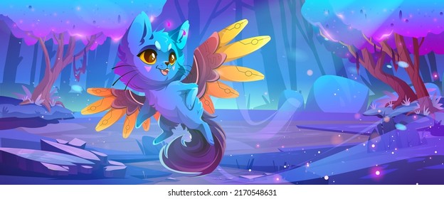 Cute monster cat on magical forest or fantasy planet landscape. Cartoon funny fluffy character with fairy wings and antennas. Strange animal, odd kitten Halloween creature, Vector illustration