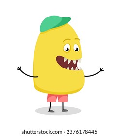 Cute monster character concept. Abstract spotted demon. Adorable fictional character at summer clothes. Graphic element for website. Cartoon flat vector illustration isolated on white background