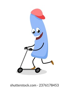 Cute monster character concept. Abstract spotted demon. Adorable fictional character at scooter. Poster or banner. Cartoon flat vector illustration isolated on white background