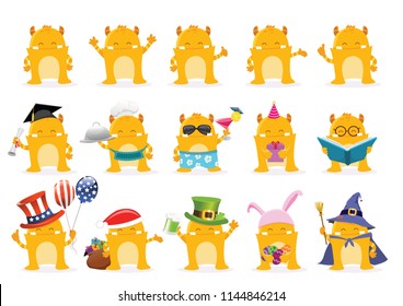 Cute Monster Character With Different Hand Positions and Props