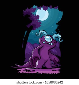 The cute monster character is in the forest at night.