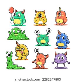 Cute monster character hand-drawn illustration. Monster character set vector illustration. Cute cartoon kawaii scary and funny expression.