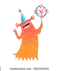 Cute monster character holding pinwheel, or windmill happy smiling and inviting. Cute creature design for kids festival or party. Vector cartoon illustration for kids isolated clip art.