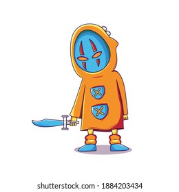 A cute monster character in an orange robe and holding a knife.