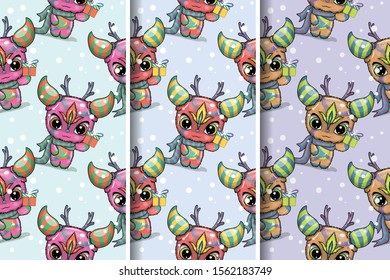 cute monster character seamless pattern. Design for party card, print, poster. Pet vector illustration.