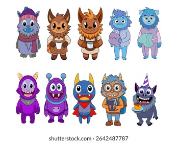 Cute monster character set in colorful outfits. Perfect for kids books, stickers, birthday cards, games, apps, or educational media. Fun and friendly cartoon style.