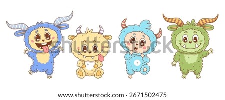 Cute Monster Character set. Isolated Funny kawaii horned Fantasy beast. Vector illustration. Kids collection