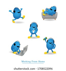 Cute monster character in slippers with headset working from home. Set of five different poses. Telecommuting because of Coronavirus pandemic.