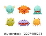 Cute Monster Character as Toothy and Hairy Mutant with Funny Friendly Face and Big Mouth Vector Set