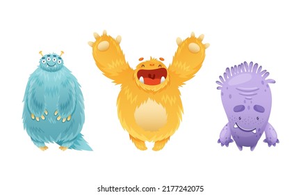 Cute Monster Character as Toothy and Hairy Mutant with Funny Friendly Face and Big Mouth Vector Set