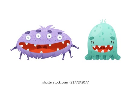 Cute Monster Character as Toothy and Hairy Mutant with Funny Friendly Face and Big Mouth Vector Set