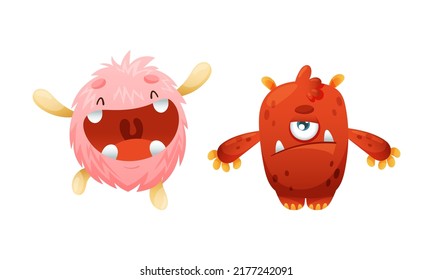 Cute Monster Character as Toothy and Hairy Mutant with Funny Friendly Face and Big Mouth Vector Set