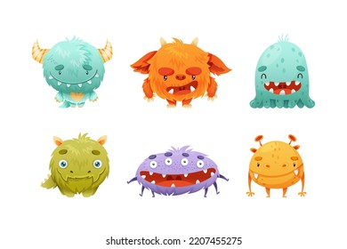 Cute Monster Character as Toothy and Hairy Mutant with Funny Friendly Face and Big Mouth Vector Set