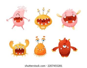 Cute Monster Character as Toothy and Hairy Mutant with Funny Friendly Face and Big Mouth Vector Set