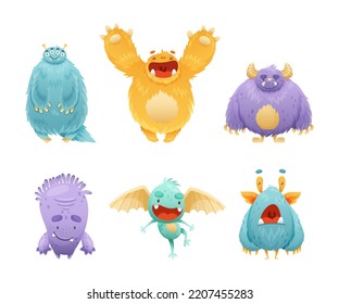 Cute Monster Character as Toothy and Hairy Mutant with Funny Friendly Face and Big Mouth Vector Set