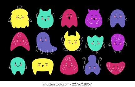 Cute monster characters, creature faces. Comic playful animals, doodle kawaii creatures, funny children toys. Nursery and childish textile elements. Vector tidy cartoon illustration set