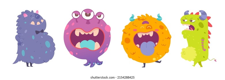 Cute monster characters set vector illustration. Cartoon alien animals with funny faces, furry beast with tongue and horns, scary teeth and many crazy eyes, expression collection isolated white