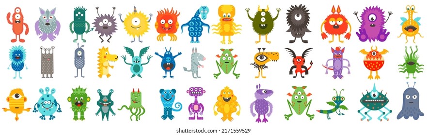 Cute monster characters set vector illustration. Cartoon funny germ and bacteria, angry and happy alien scary animal, comic goblin with crazy eyes, teeth and tongue in mouth isolated on white