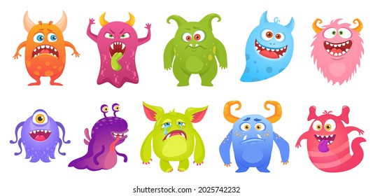 Cute monster characters smiling, funny aliens and creatures. Cartoon goblin, ghost, alien. Scary monsters with silly faces vector set. Fantasy comic beasts with different expressions