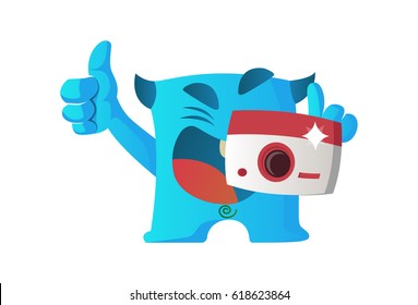 Cute Monster Clicking photograh. Vector Illustration. Isolated on white background.