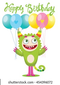 Cute Monster With Color Balloons Vector. Cartoon Cute Monster Vector Illustration. Funny Monster Birthday Greeting Card.
